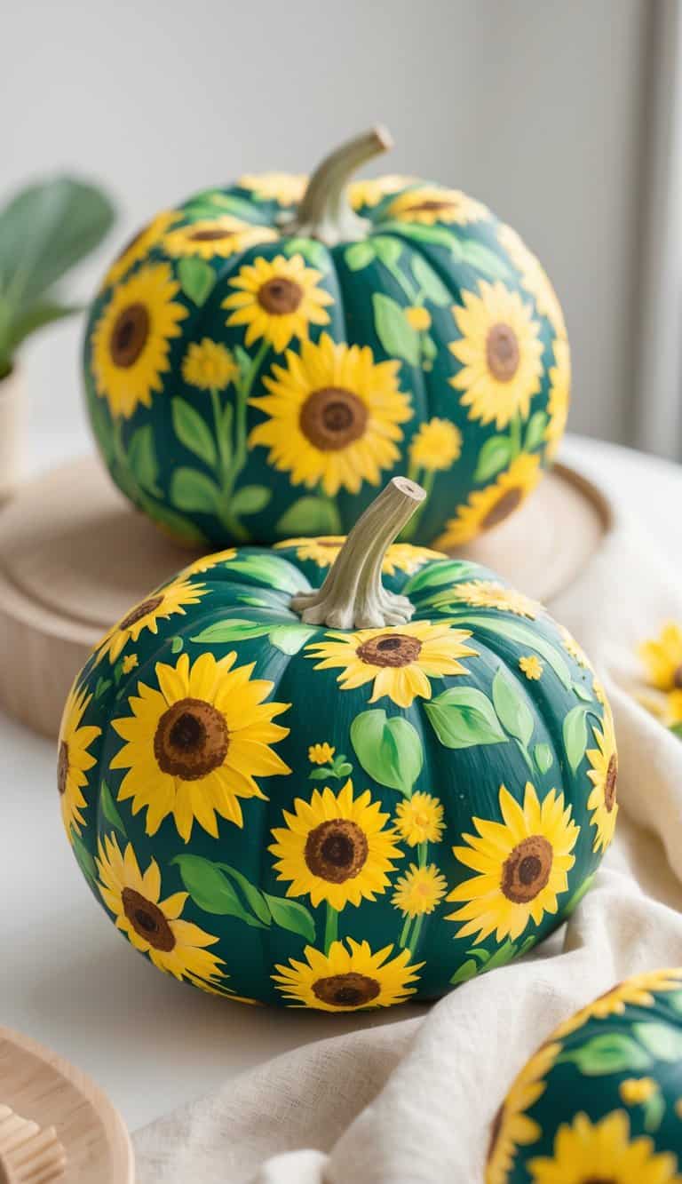 One to two pumpkins painted with bright sunflower designs placed on a clean tabletop.