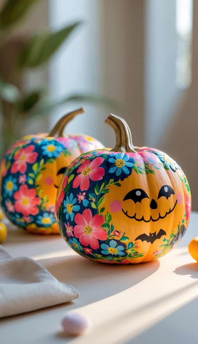 Close-up of one to two pumpkins painted with colorful floral patterns and small bat designs on a clean tabletop.