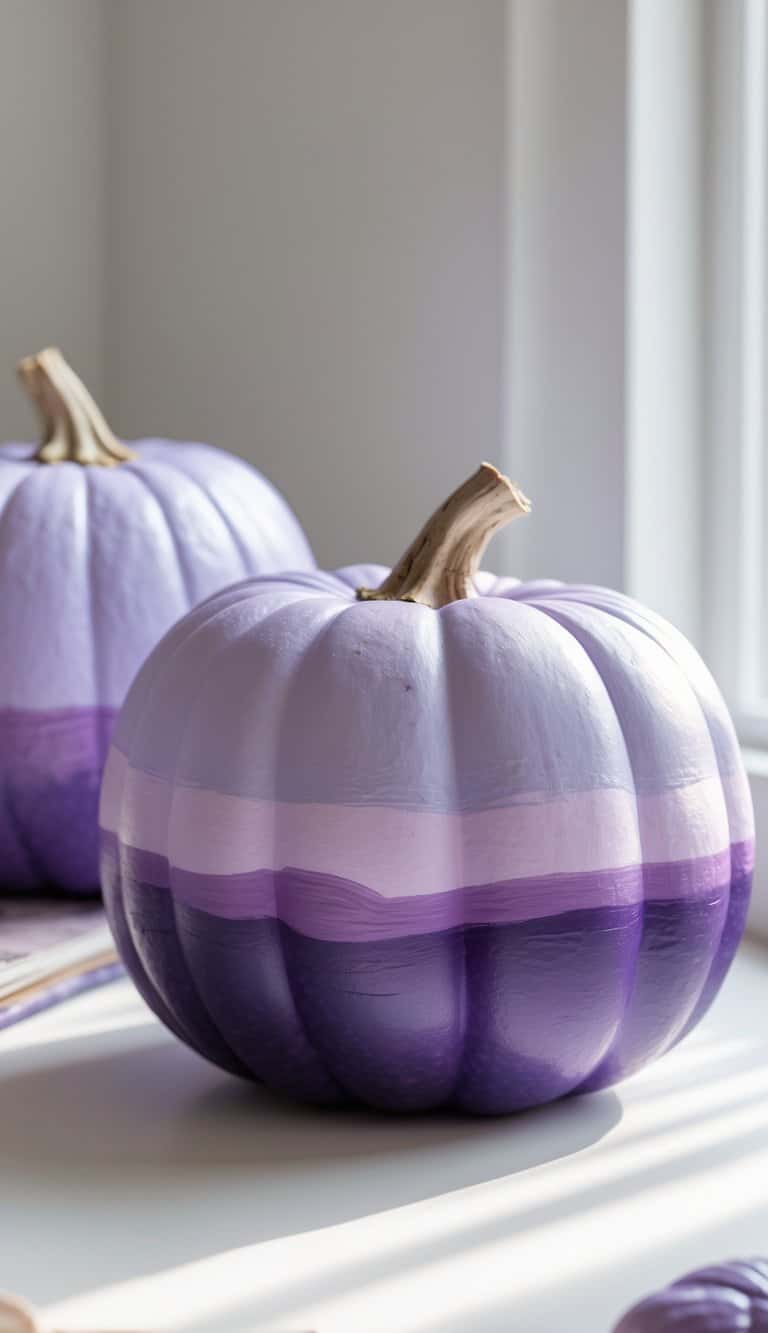 One to two purple pumpkins painted with a gradient from light lilac to deep plum on a clean tabletop.