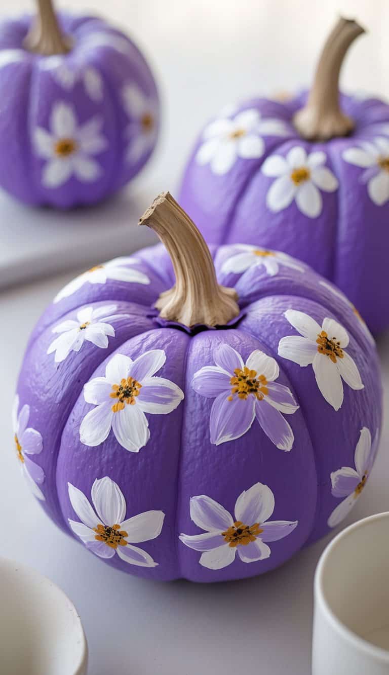 Close-up of one or two purple pumpkins painted with white flowers on a tabletop.