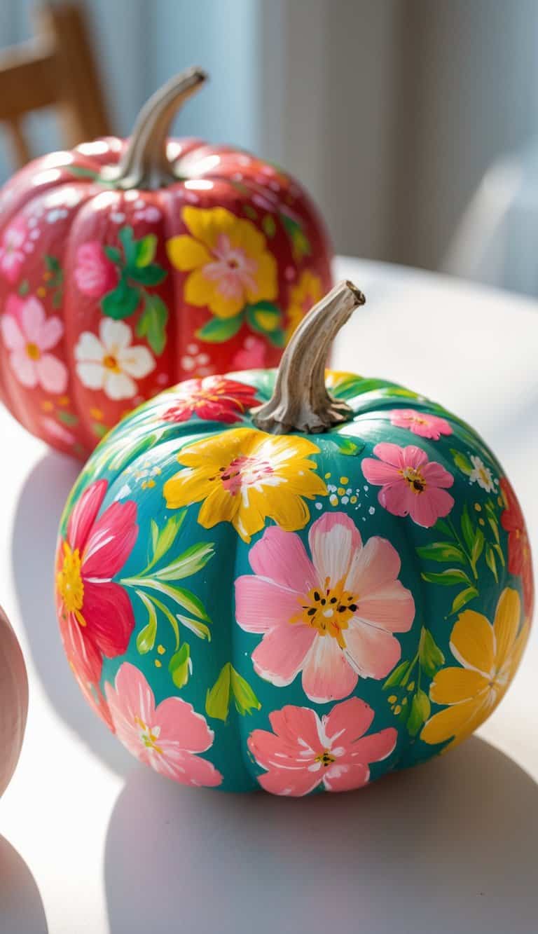 Close-up of one to two pumpkins painted with colorful floral designs on a clean tabletop.