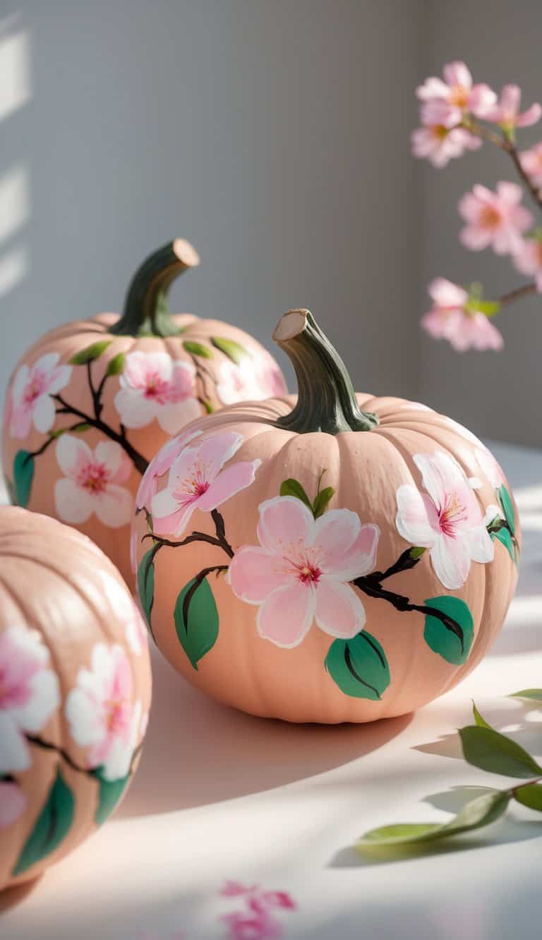 One to two pumpkins painted with cherry blossom floral designs on a tabletop with soft daylight.