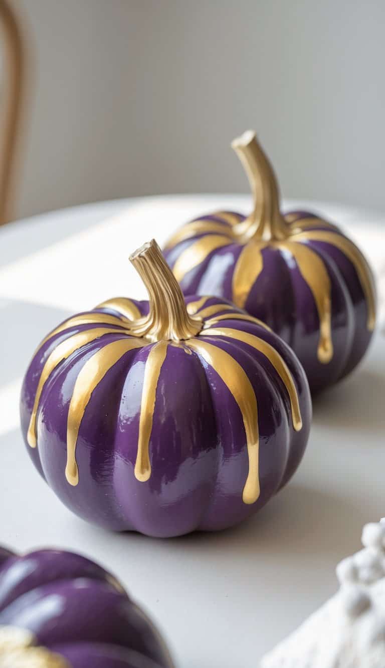 One to two plum-colored pumpkins with gold drip paint on a tabletop, photographed up close with a simple background.