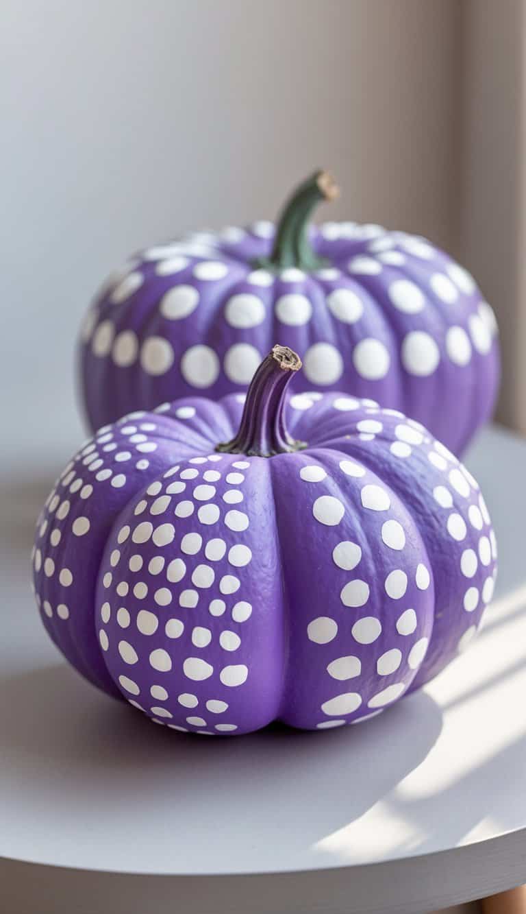 Close-up of one to two purple pumpkins painted with white dots and stripes on a tabletop.