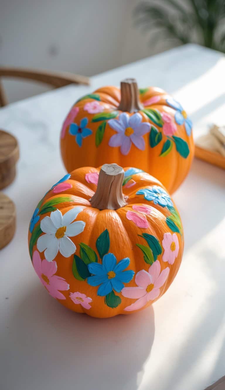 Close-up of one to two pumpkins painted with colorful floral wreath designs on a clean tabletop.