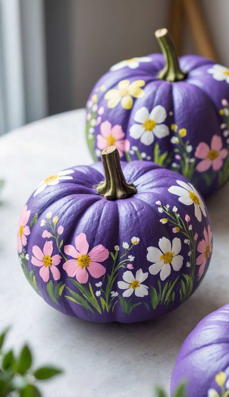 Close-up of one to two purple pumpkins painted with colorful meadow flowers on a clean tabletop.