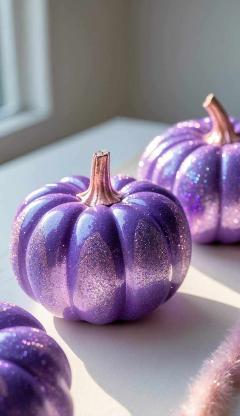 Close-up of one to two purple pumpkins painted with glitter and pink highlights on a tabletop.