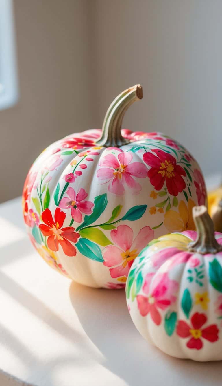 Close-up of one to two pumpkins painted with colorful floral designs on a clean tabletop under soft daylight.