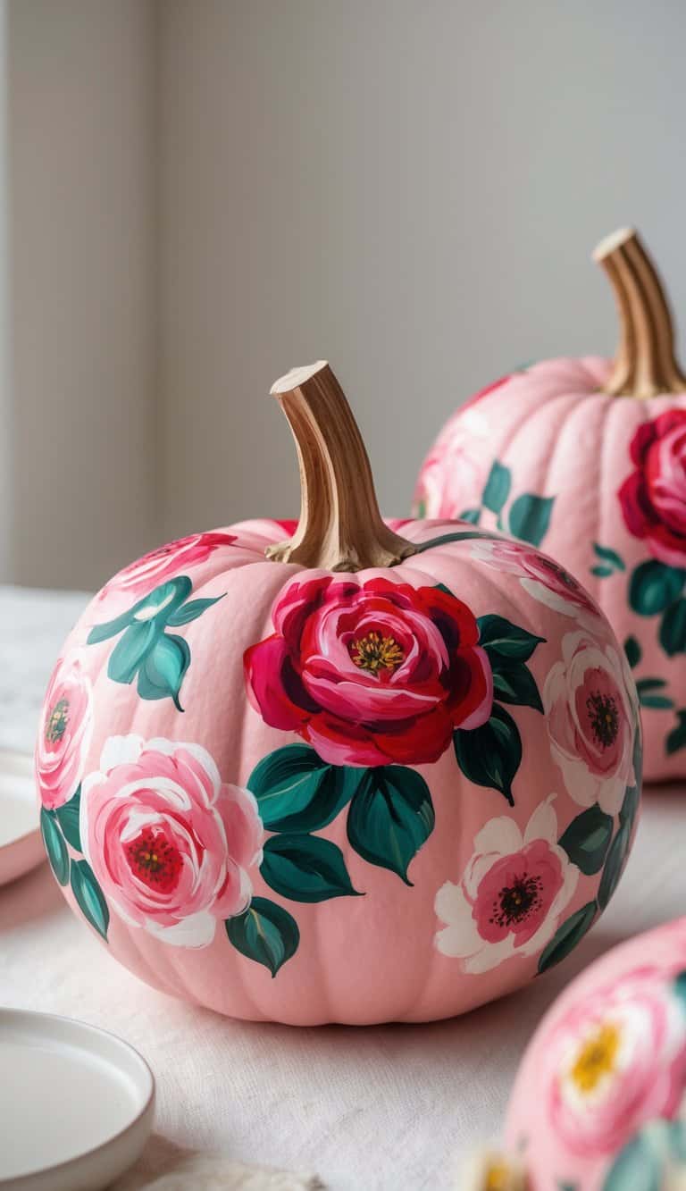 Close-up of one or two pink pumpkins painted with colorful wild rose floral designs on a tabletop.