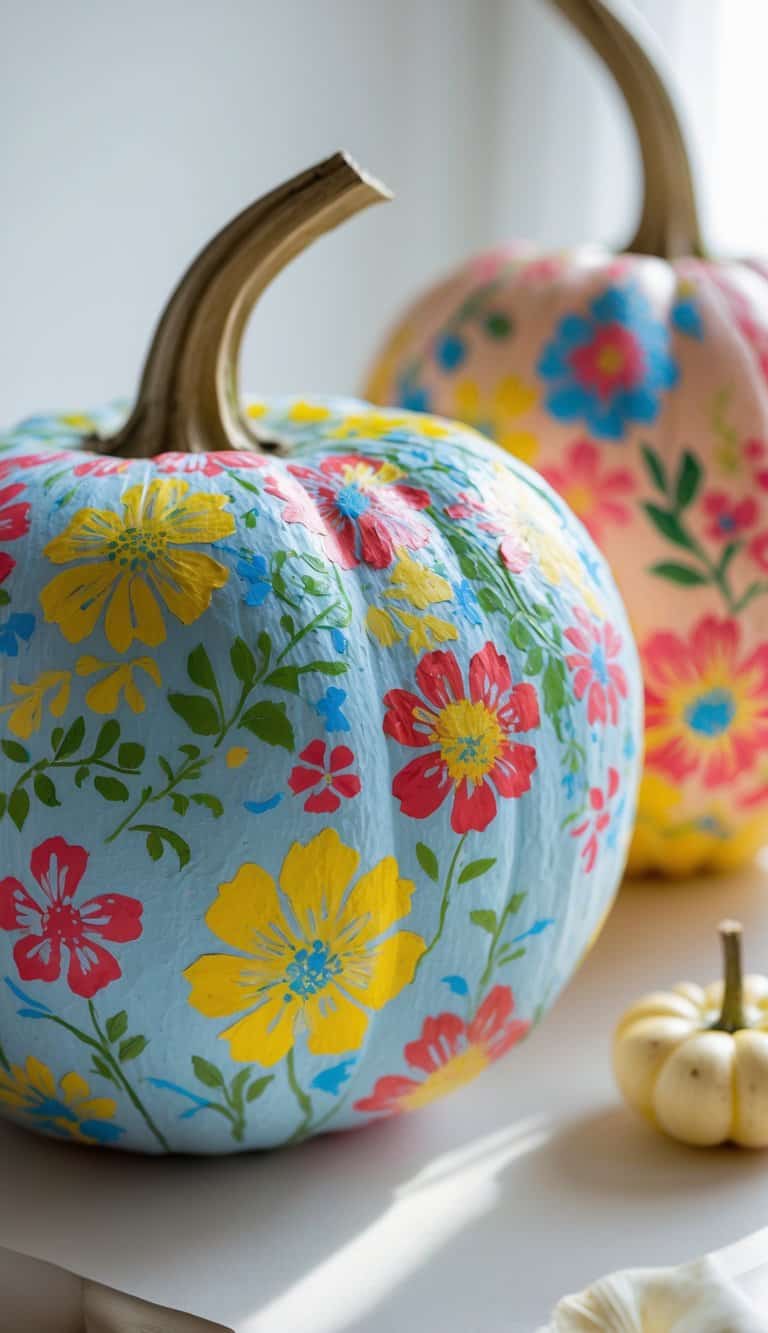 One to two pumpkins on a table, decorated with colorful floral patterns painted on their surfaces.