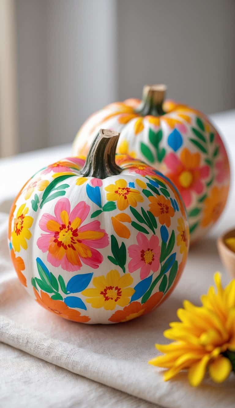 Close-up of one to two pumpkins painted with bright marigold floral designs on a tabletop.