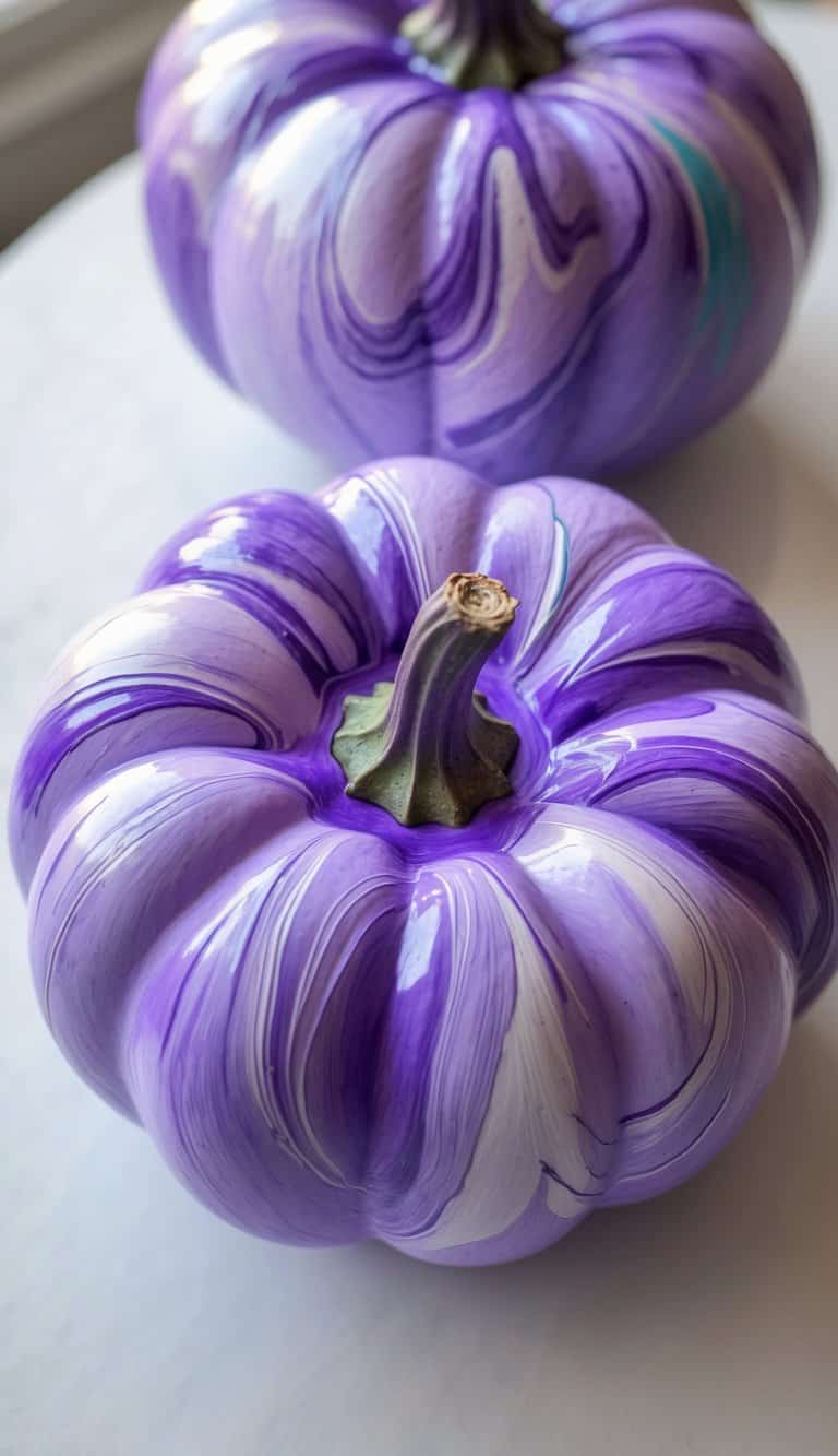Close-up of one to two pumpkins painted with a purple tie-dye pattern on a tabletop.