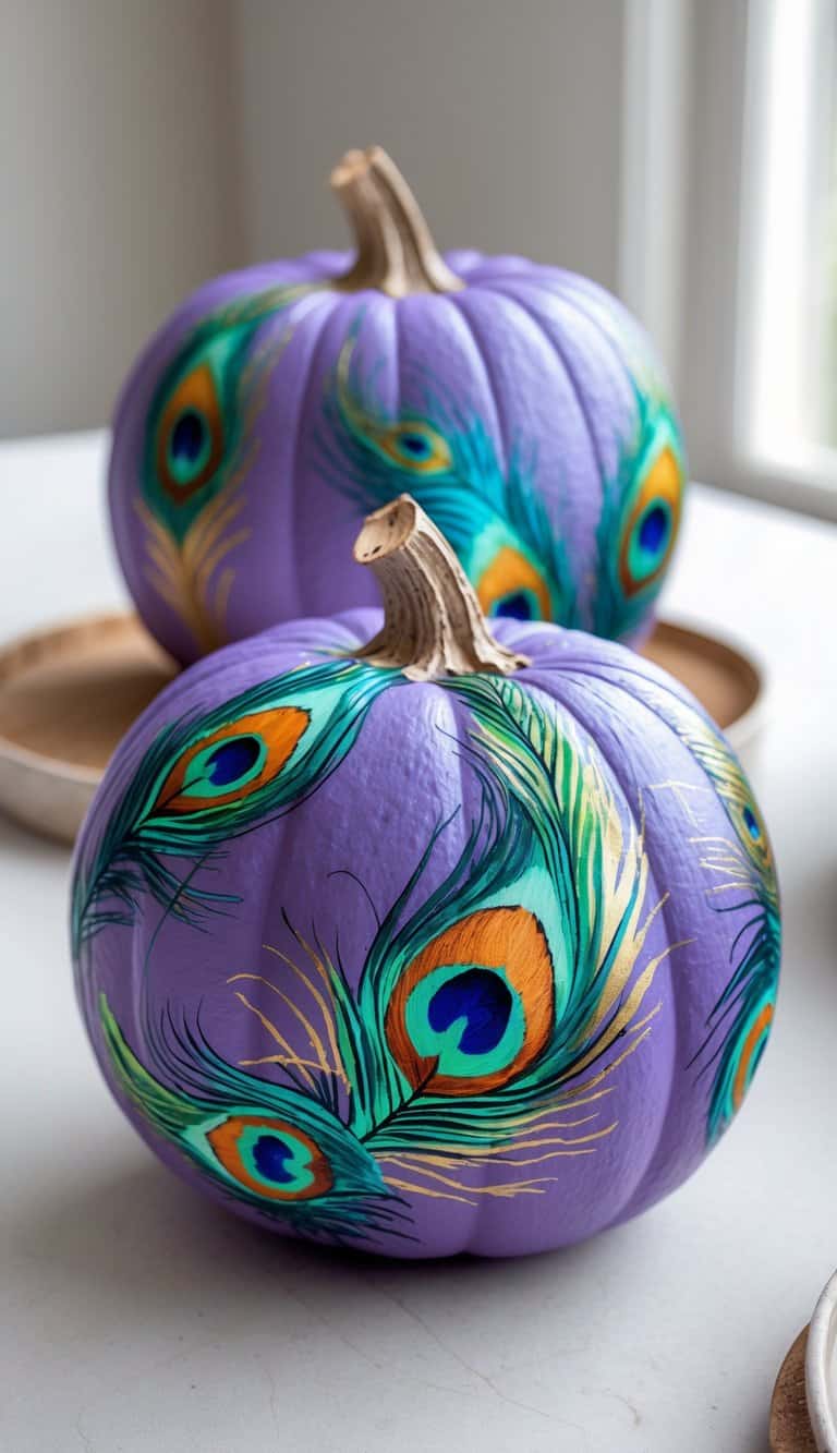 One or two purple pumpkins painted with colorful peacock feather designs on a clean tabletop.