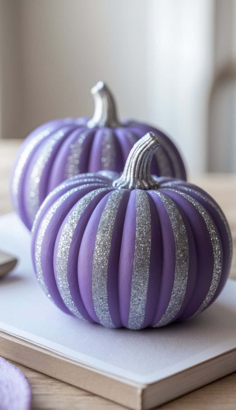 Close-up of one to two purple pumpkins painted with glittery silver stripes on a tabletop.
