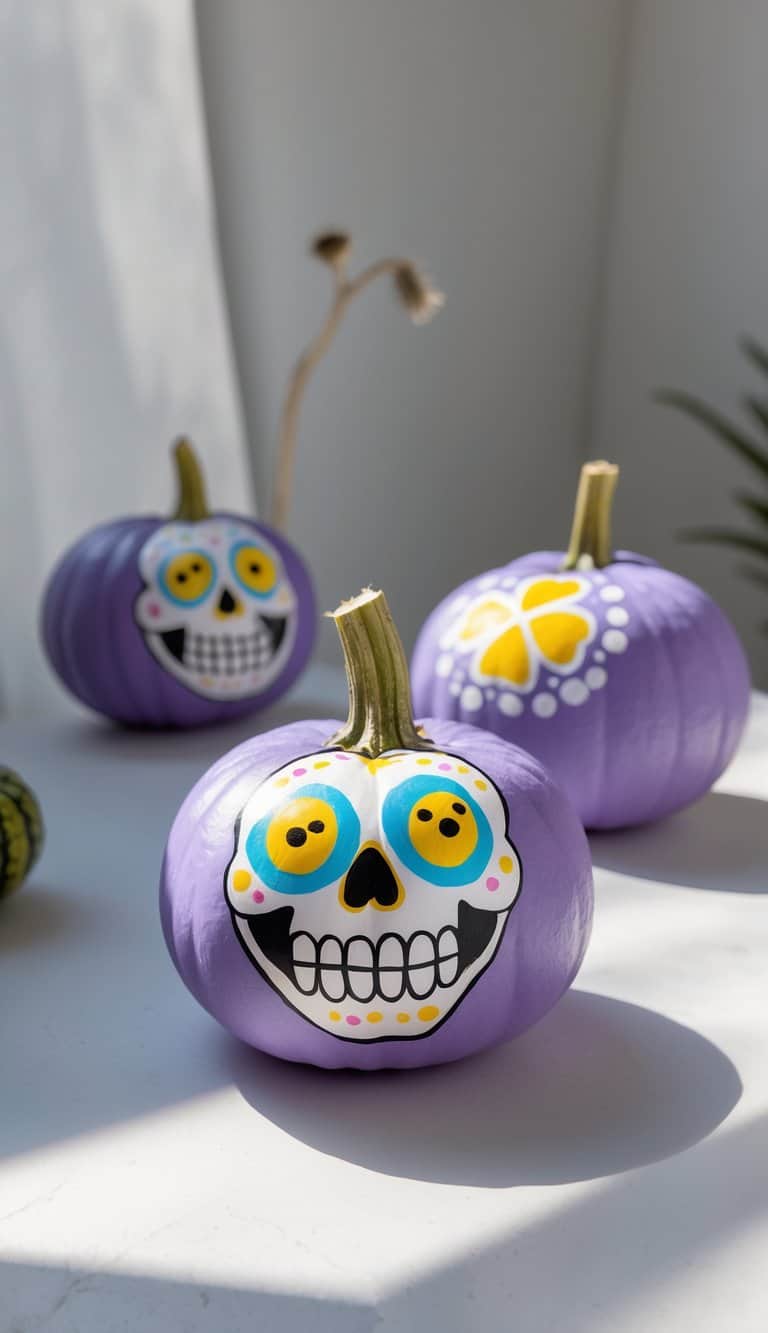 One to two small purple pumpkins painted with happy skull faces placed on a tabletop with soft natural light.