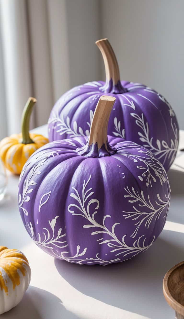 One to two purple pumpkins painted with white swirled lines and leaf patterns on a clean tabletop.