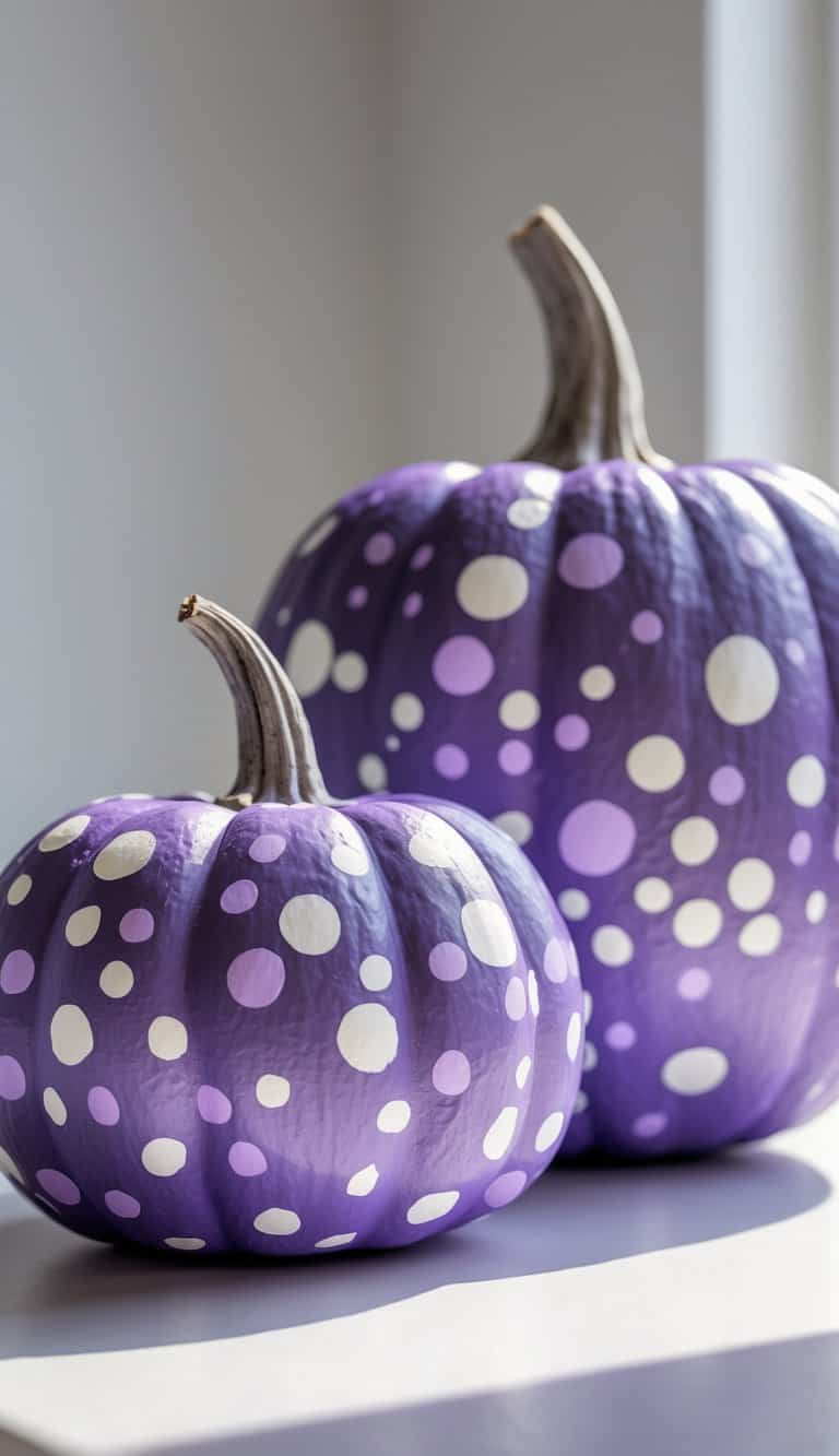 One or two purple pumpkins painted with cascading polka dot designs on a clean tabletop.