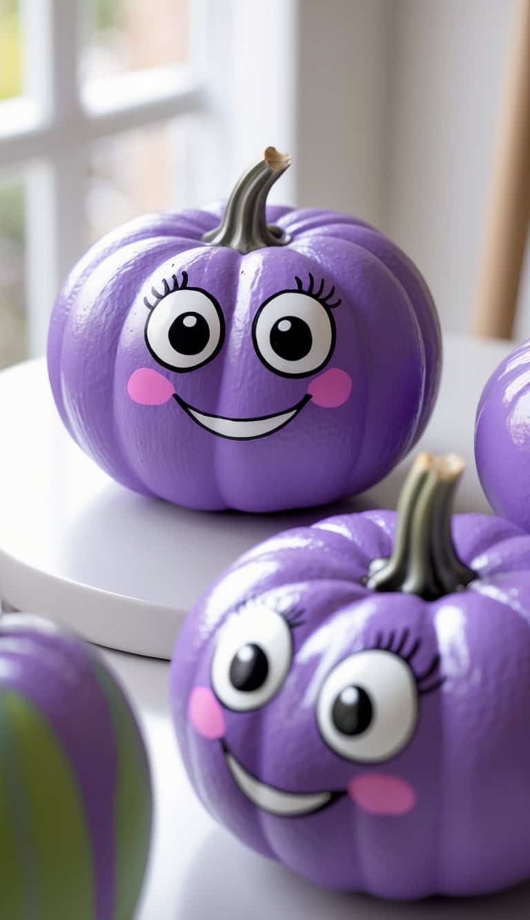 One to two small purple pumpkins painted with cartoon eyes and smiles on a tabletop.
