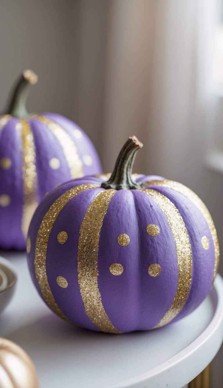 Close-up of one to two purple pumpkins painted with gold glitter stripes and dots on a tabletop.