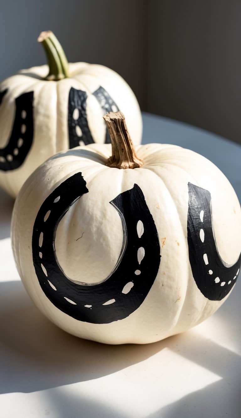 Two white pumpkins sit on a white surface, each decorated with a large black horseshoe design painted on their fronts. Sunlight highlights the smooth texture of the pumpkins.