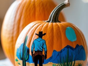 A pumpkin painted with a scene of a cowboy in a hat walking in a desert landscape with cacti and mountains, set beside another unpainted pumpkin.