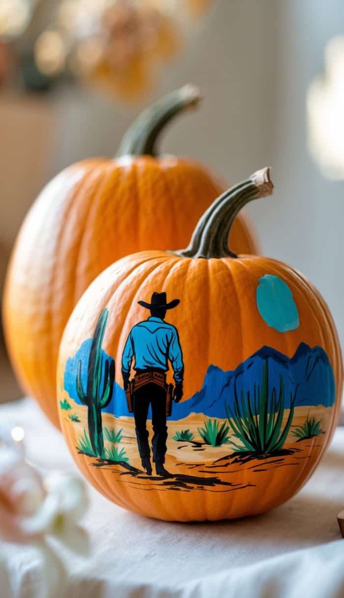 A pumpkin painted with a scene of a cowboy in a hat walking in a desert landscape with cacti and mountains, set beside another unpainted pumpkin.