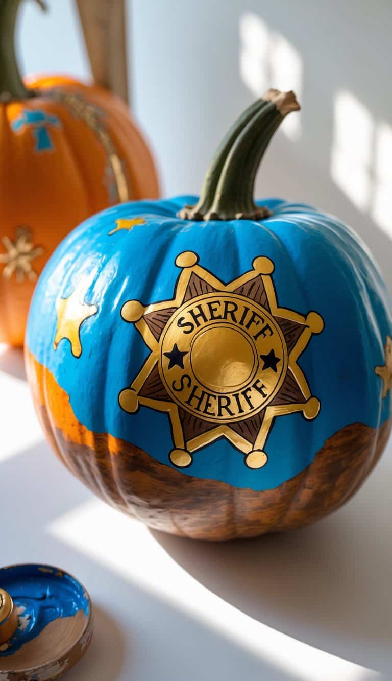 A pumpkin painted blue and brown features a large gold sheriff badge design with the word "SHERIFF" in the center, surrounded by smaller star shapes. Another painted pumpkin is visible in the background.