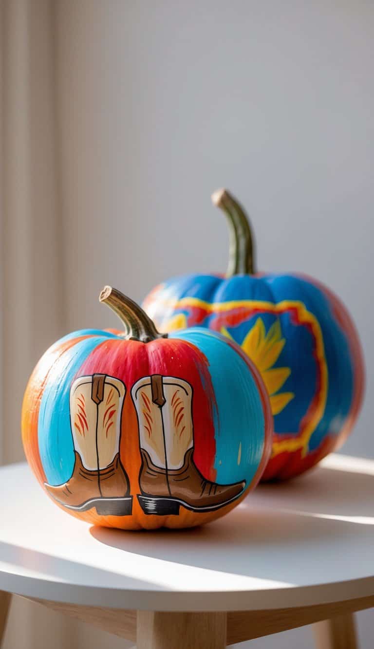 Two pumpkins painted with bright colors sit on a table; the front pumpkin features a pair of cowboy boots, while the back pumpkin displays a large yellow flower on a blue and red background.
