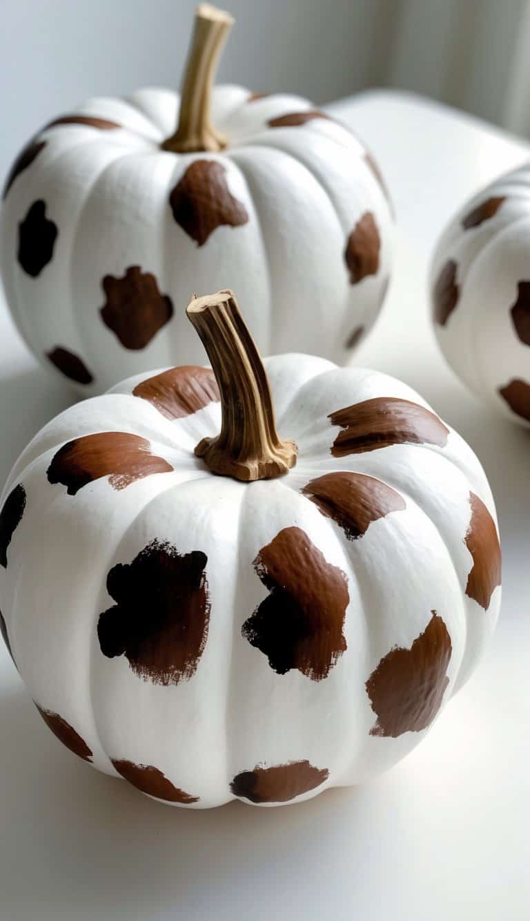 Two white pumpkins decorated with large brown splotches, resembling a cow print pattern, are displayed on a white surface in bright natural light.