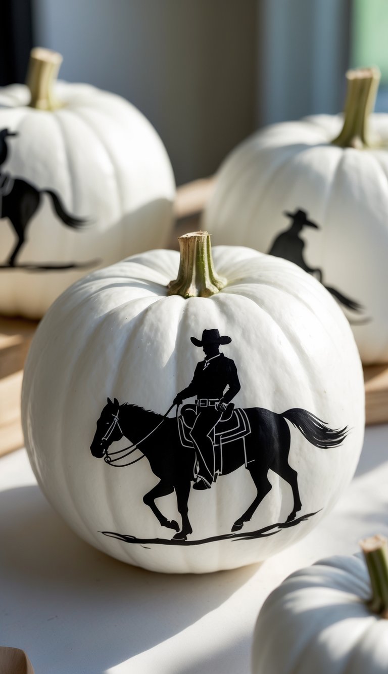 A white pumpkin with a black silhouette of a cowboy riding a horse painted on it, surrounded by other similar white pumpkins with western-themed designs.