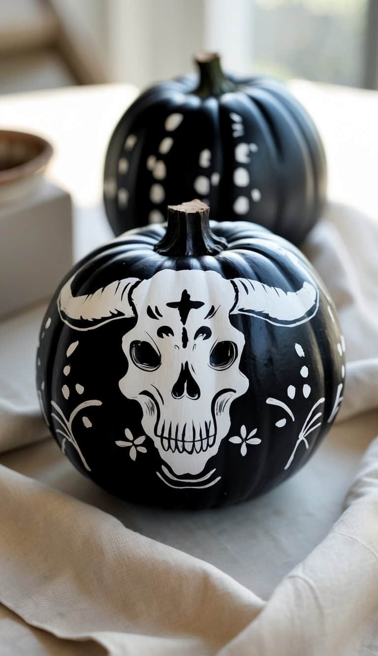 A black pumpkin painted with a white skull and horns design, surrounded by floral and dotted patterns, sits on a fabric surface with another similarly decorated pumpkin in the background.