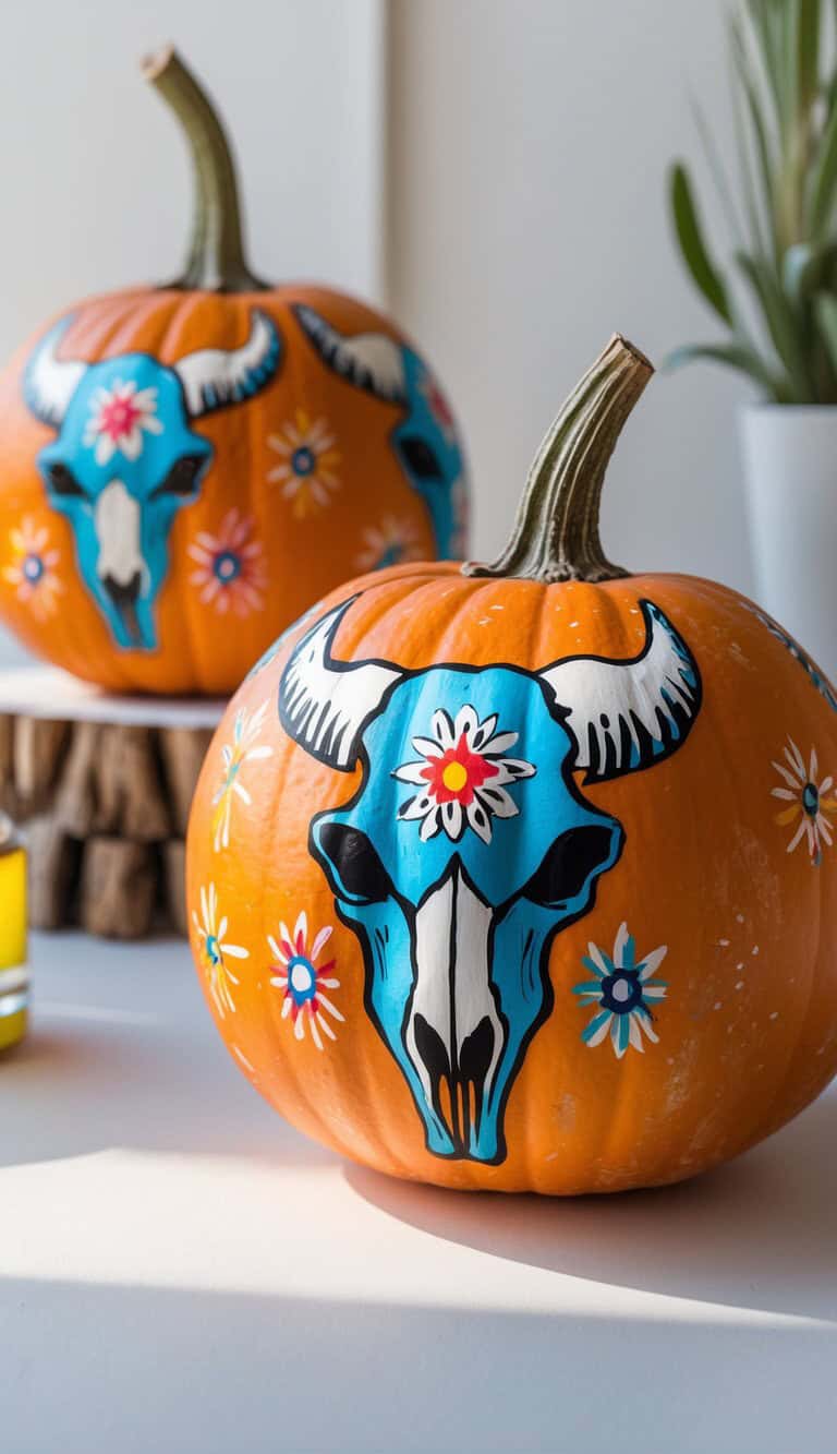Two pumpkins decorated with brightly painted blue and white cow skulls surrounded by colorful flowers, set on a white surface with some plants and a candle in the background.