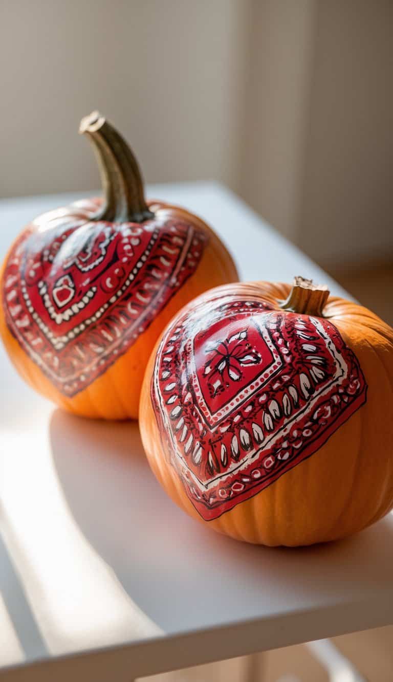 Two pumpkins sit on a white surface, each decorated with a red and white painted bandana pattern on their tops, with sunlight illuminating them from the side.