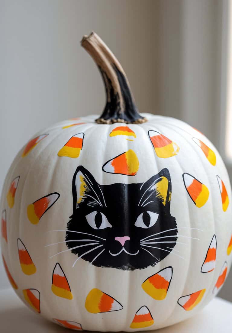 A white pumpkin decorated with painted candy corn and a large black cat face in the center, featuring pink nose and white whiskers. The decoration is festive and colorful, set against a neutral background.