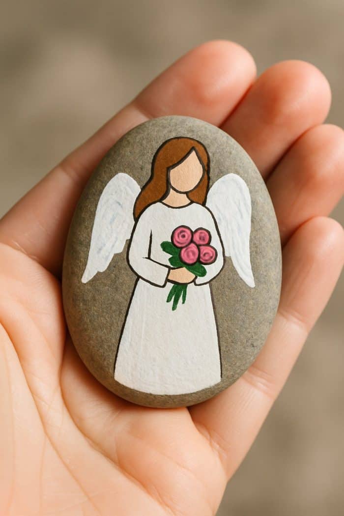 A hand holds a smooth stone painted with an angel in a white dress, holding a bouquet of pink flowers, with white wings and brown hair.
