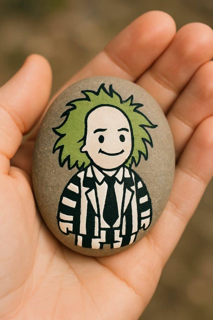 A hand holds a smooth rock painted with a cartoon character wearing a black-and-white striped suit, with green spiky hair and a smiling face.