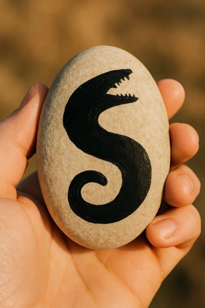 A hand holds a smooth oval stone painted with a black, snake-like creature featuring an open mouth with sharp teeth at the top and a coiled tail at the bottom.