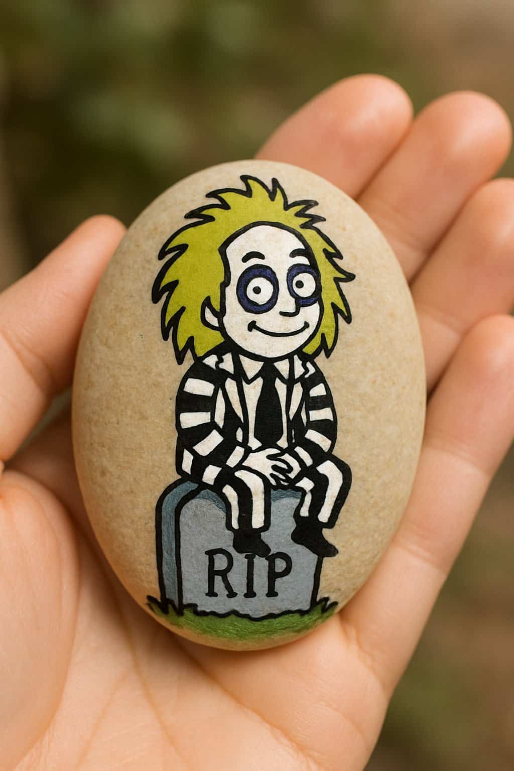 A hand holds a smooth stone painted with a cartoon character in a black and white striped suit, green hair, and sitting on a gravestone labeled "RIP.