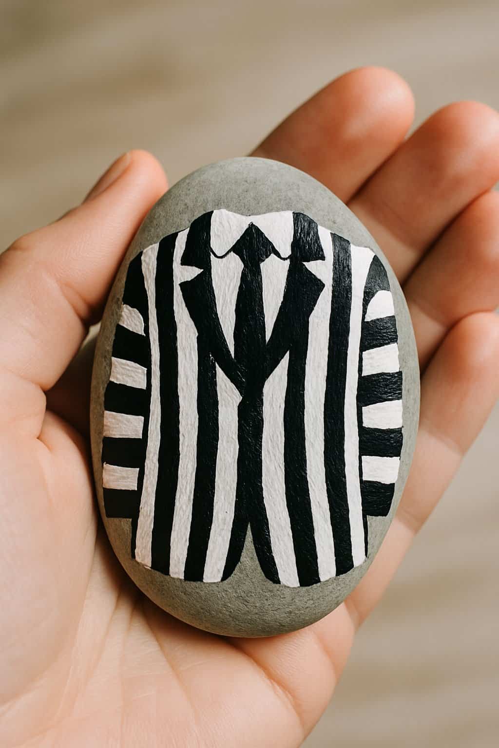 A hand holds a smooth stone painted with a black and white striped suit and tie, resembling formal attire.