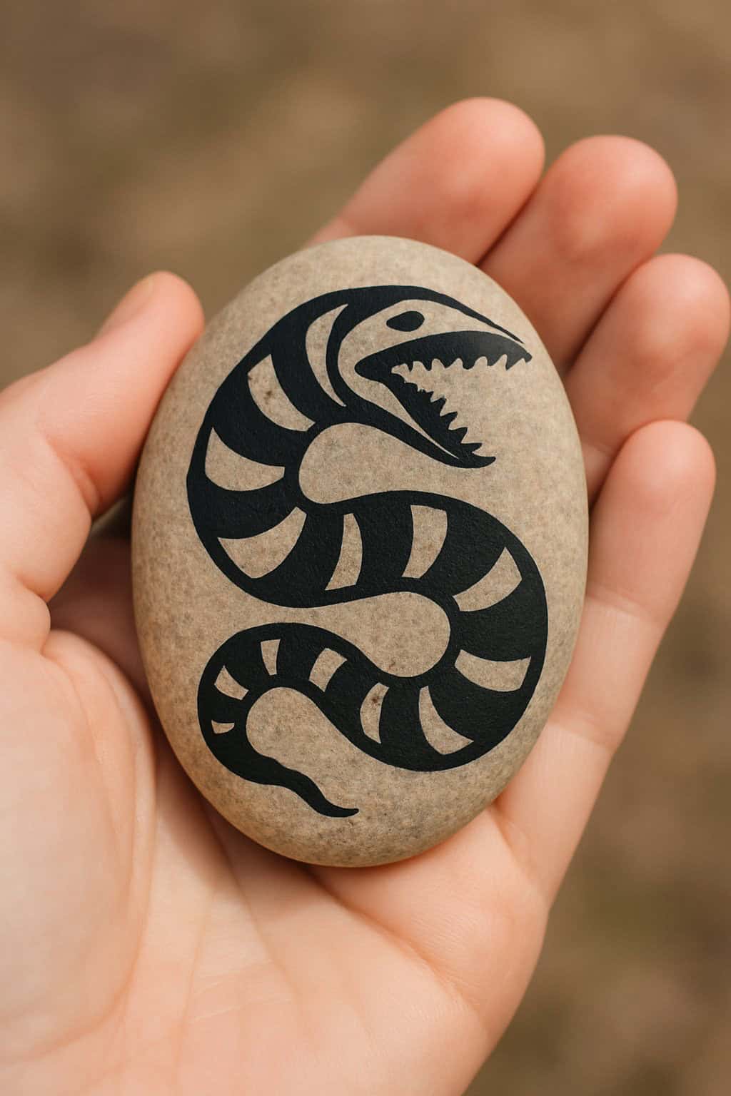 A hand holds a smooth stone with a bold black snake design painted on it, featuring an open mouth with fangs and curving, striped body. The background is out of focus.