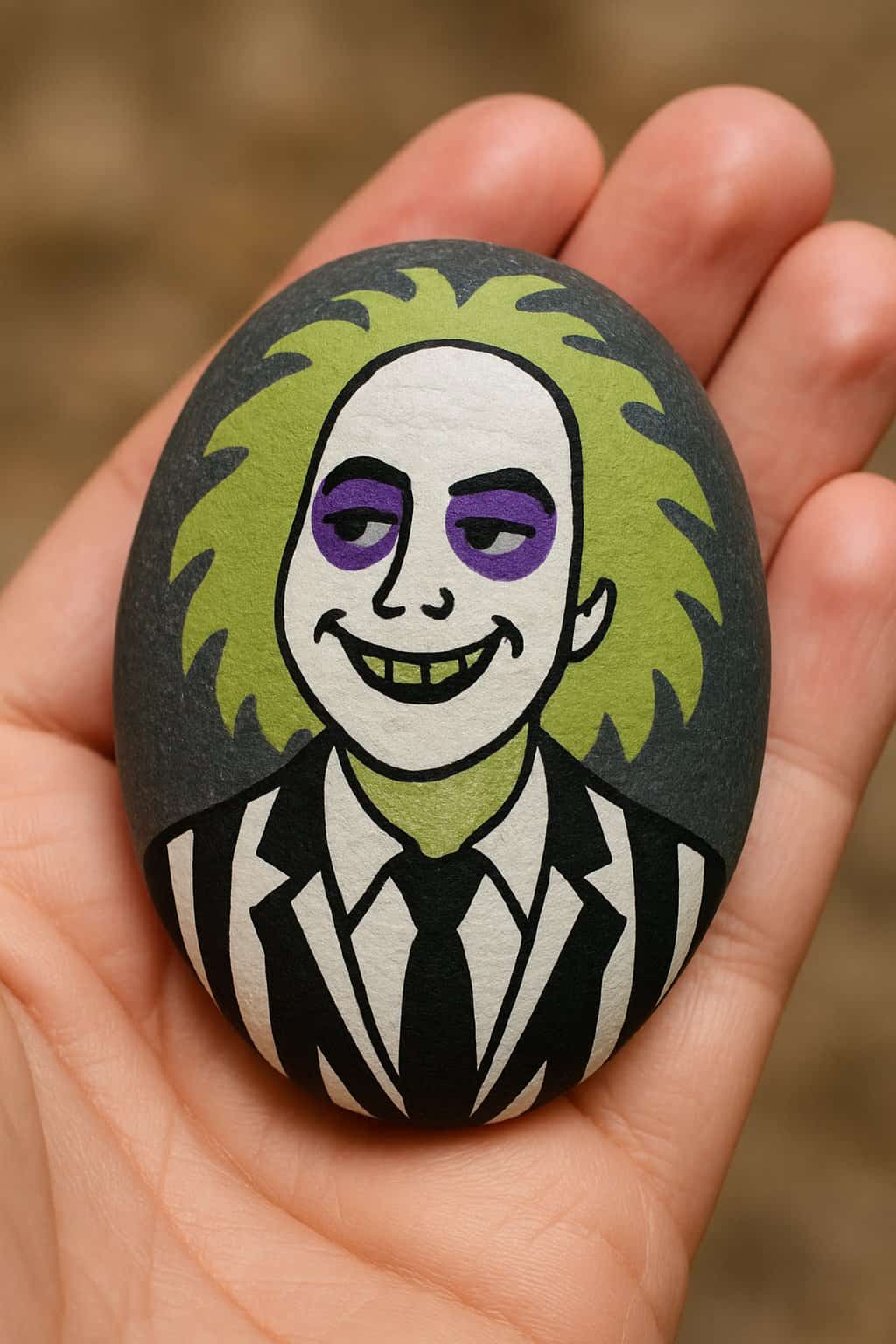A hand holds a smooth stone painted with a cartoon version of Beetlejuice, featuring green hair, pale skin, purple eyeshadow, a wide grin, and a black-and-white striped suit.