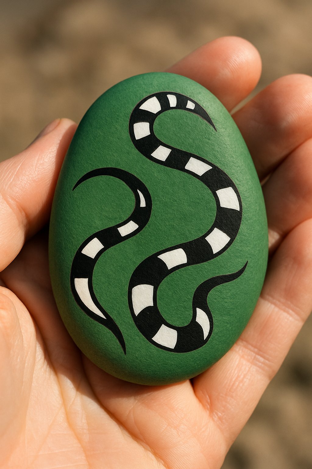 A hand holds a green egg painted with a black and white serpent design, resembling the Slytherin house symbol from the Harry Potter series.