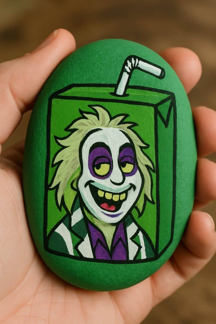 A hand holds a green painted rock featuring a cartoon character with wild blond hair and exaggerated makeup, depicted inside a green juice box with a straw, referencing the character "Beetlejuice.