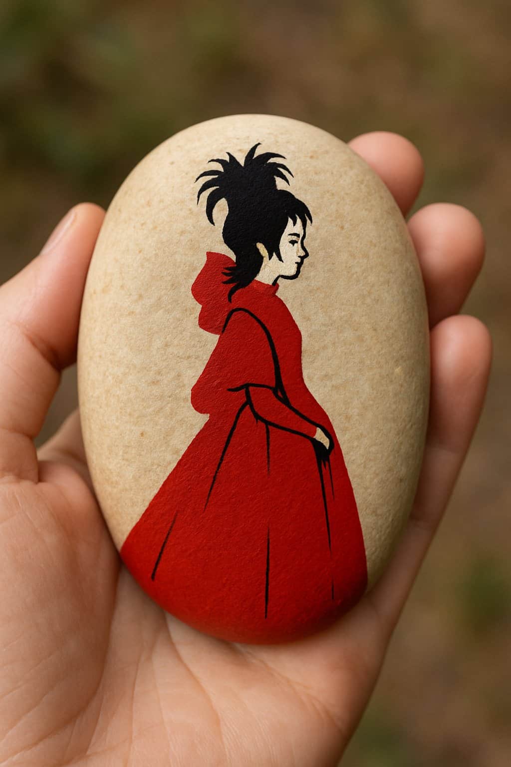 A hand holds a smooth stone painted with the silhouette of a person in a red cape and hood, with spiky black hair, against a blurred natural background.