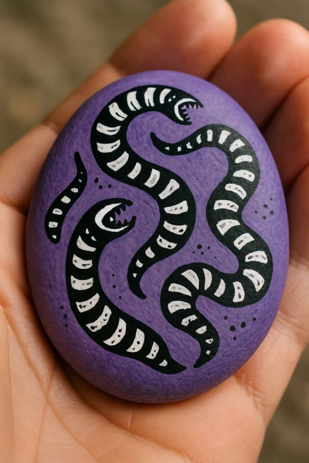 A hand holds a smooth, purple stone painted with three black-and-white striped, snake-like creatures with open mouths and sharp teeth.