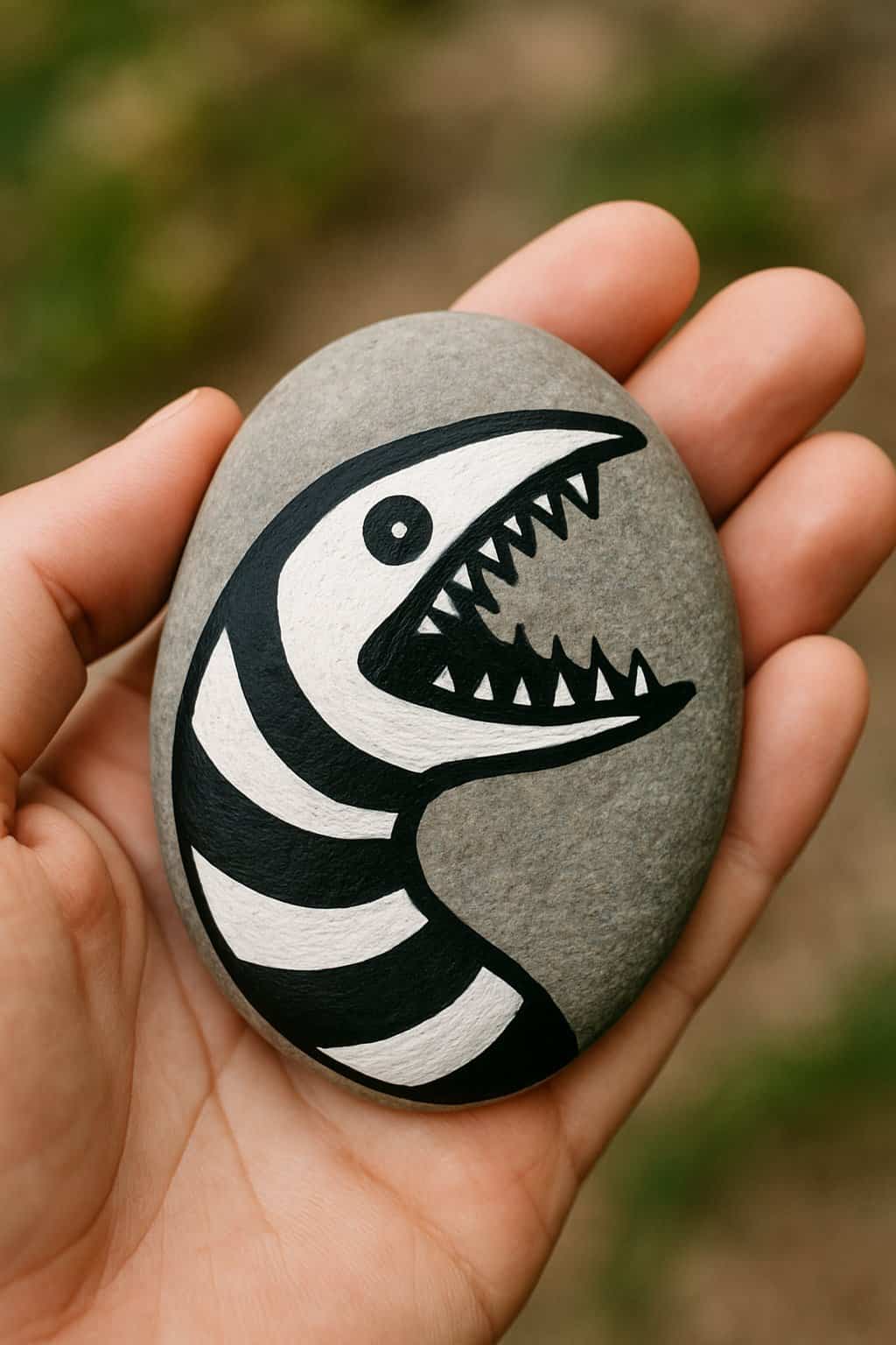 A hand holds a smooth gray stone painted with a black and white stylized creature featuring an open mouth with sharp teeth and bold stripes along its body.