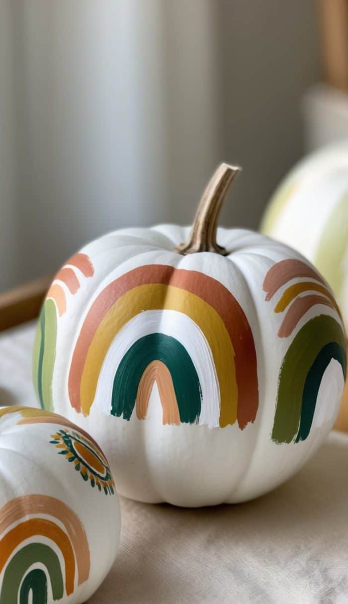 A white pumpkin decorated with painted rainbow arches in earthy tones of green, orange, yellow, and brown sits on a light surface, with part of another similarly decorated pumpkin visible beside it.