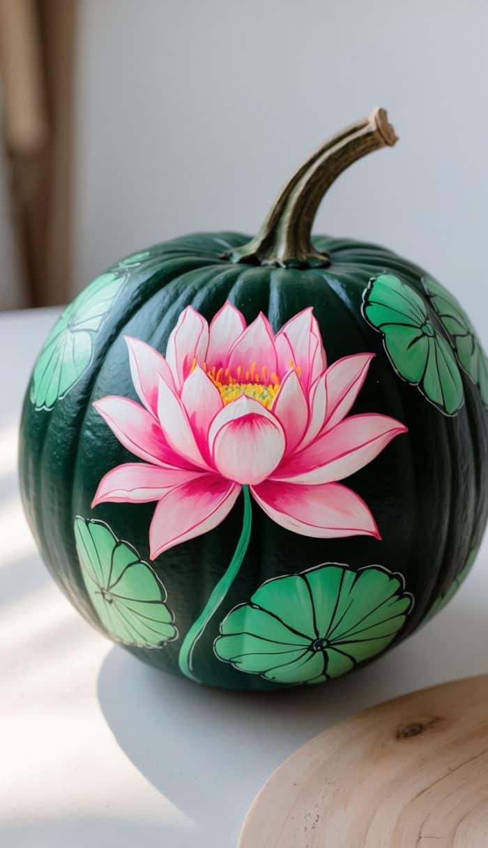 A dark green pumpkin decorated with a large, detailed pink lotus flower and several green lily pads, sitting on a light surface with soft sunlight in the background.
