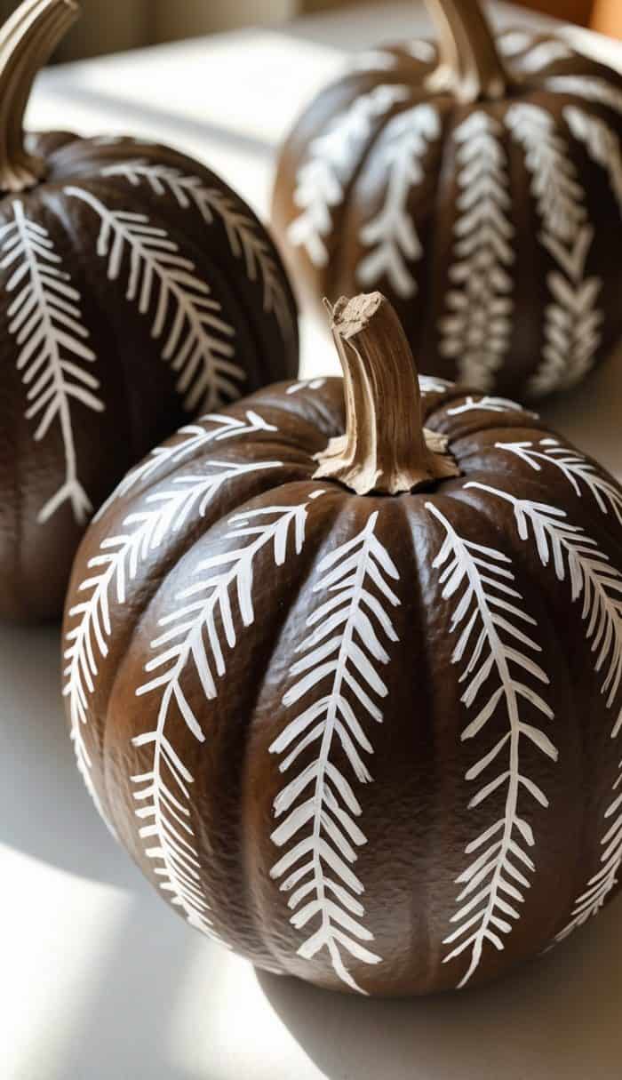 Three dark brown pumpkins with white, hand-painted, symmetrical leaf or branch patterns on their surfaces, arranged closely together on a light-colored surface with sunlight streaming in.