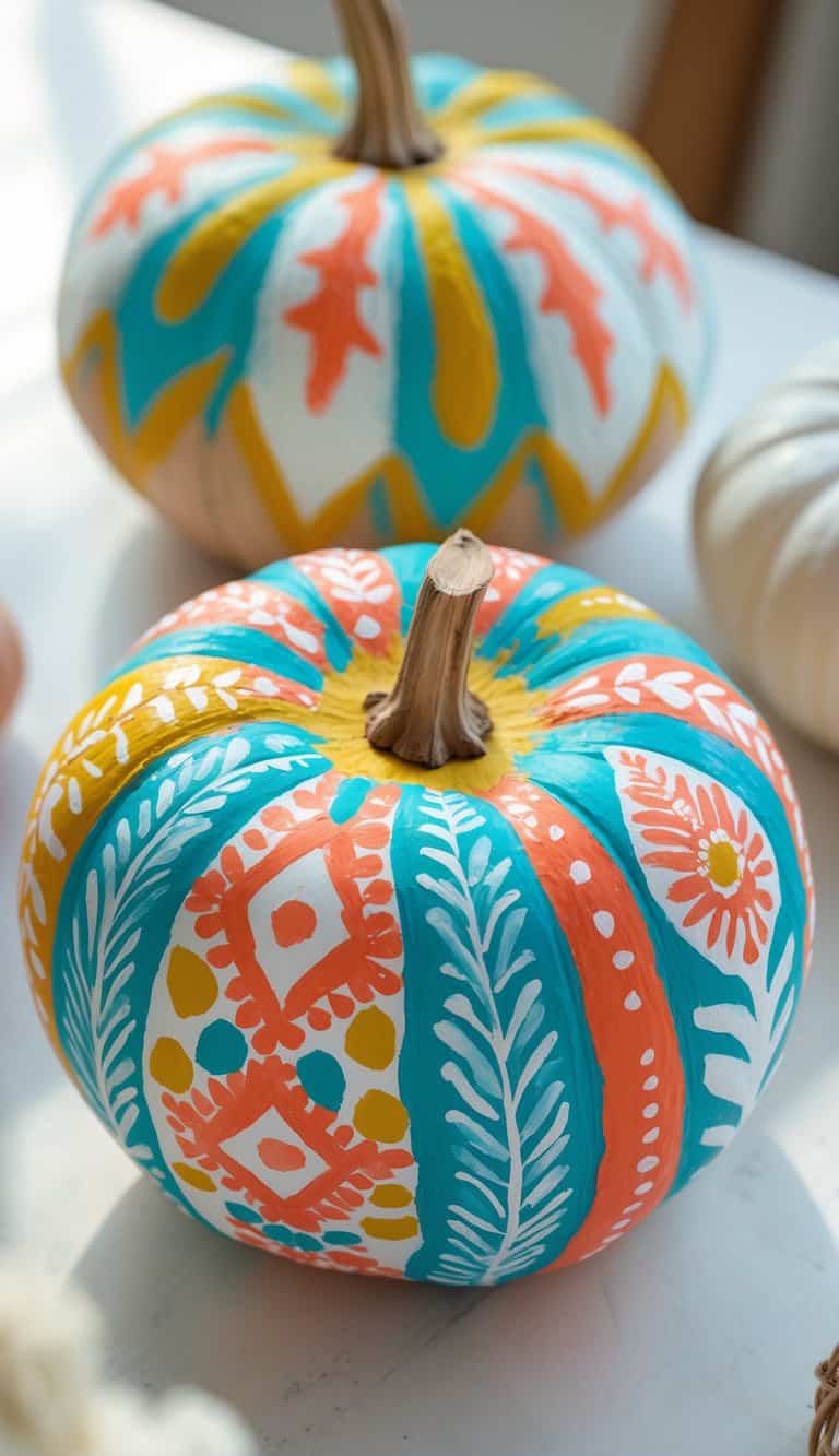 Two pumpkins are decorated with vibrant, colorful patterns in teal, orange, yellow, and white, featuring floral and leaf designs. The pumpkins are displayed on a white surface with sunlight shining on them.